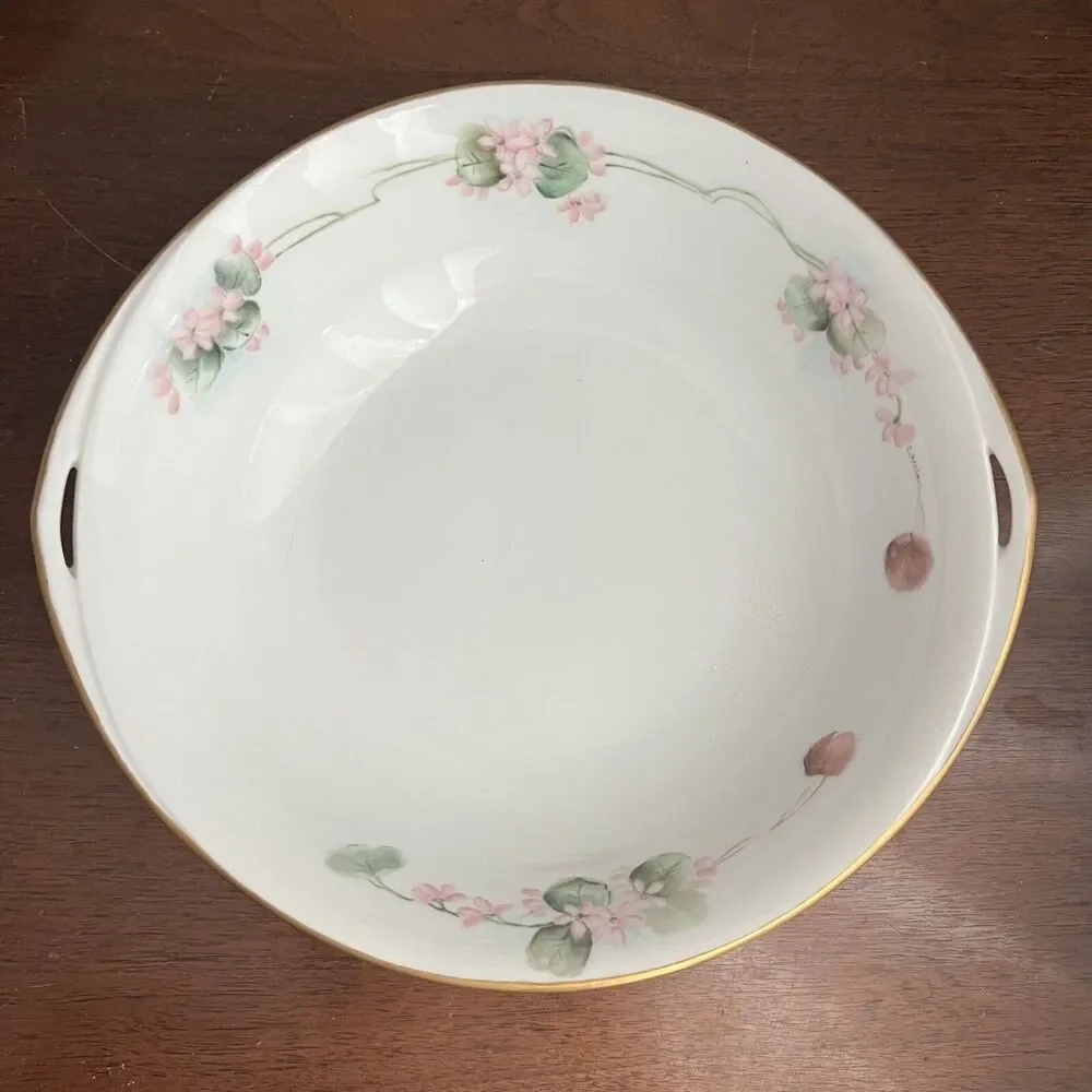 Vintage Hand Painted 2 Round Serving Platters w Handles 1 Bowl Pink Floral Sign